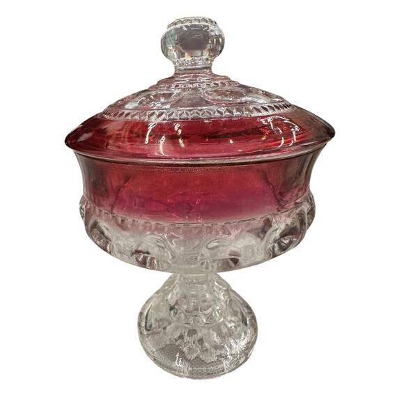 Vintage Cottage Jewelry Trinket Red Ruby Candy Dish Lid Thumbprint 8" - Picture 3 of 9